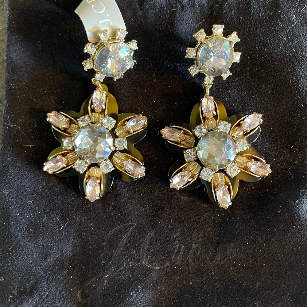 J Crew Petal Burst Rhinestone Tortoise Flower Dangle Drop Statement Earrings